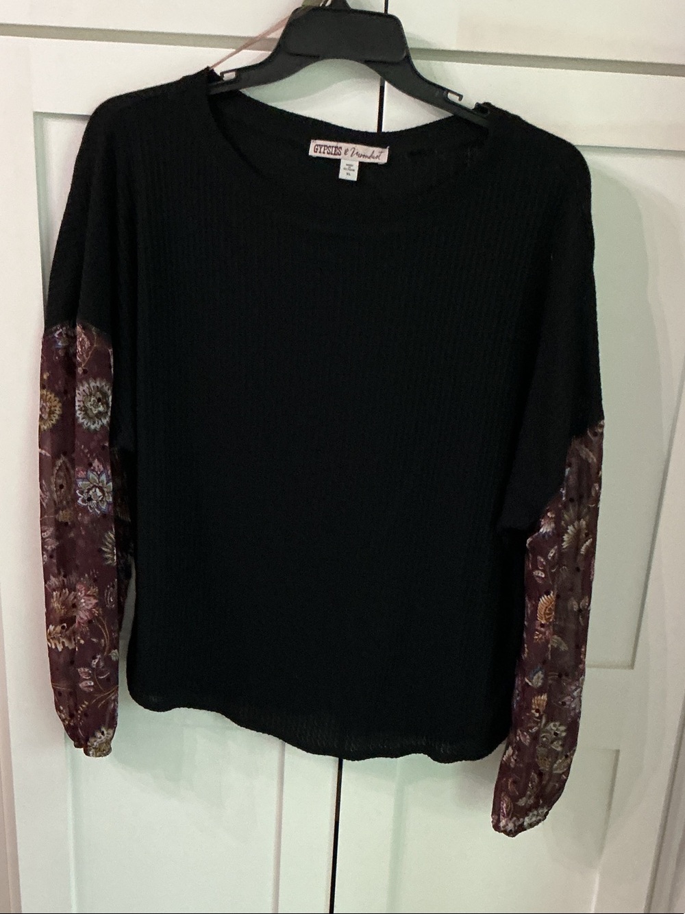 Gypsies & Moondust Black Top with Burgundy Floral Long Sleeves